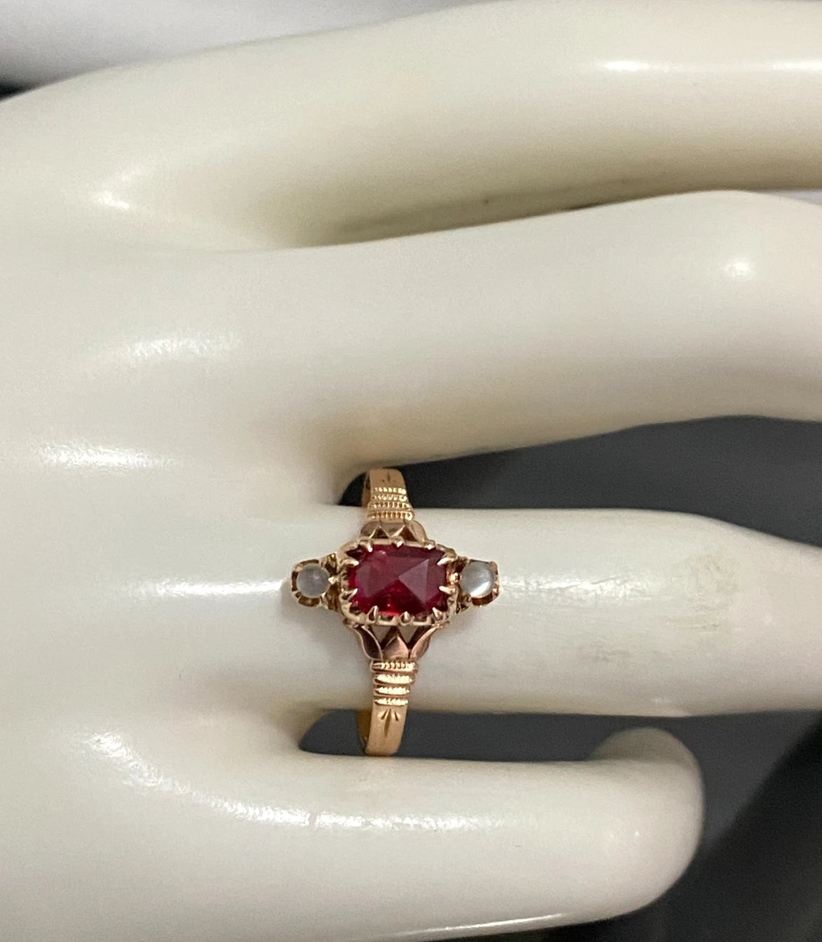 Antique 10K Rose Gold Red Paste Moonstone Ring Size P (US 7.75)