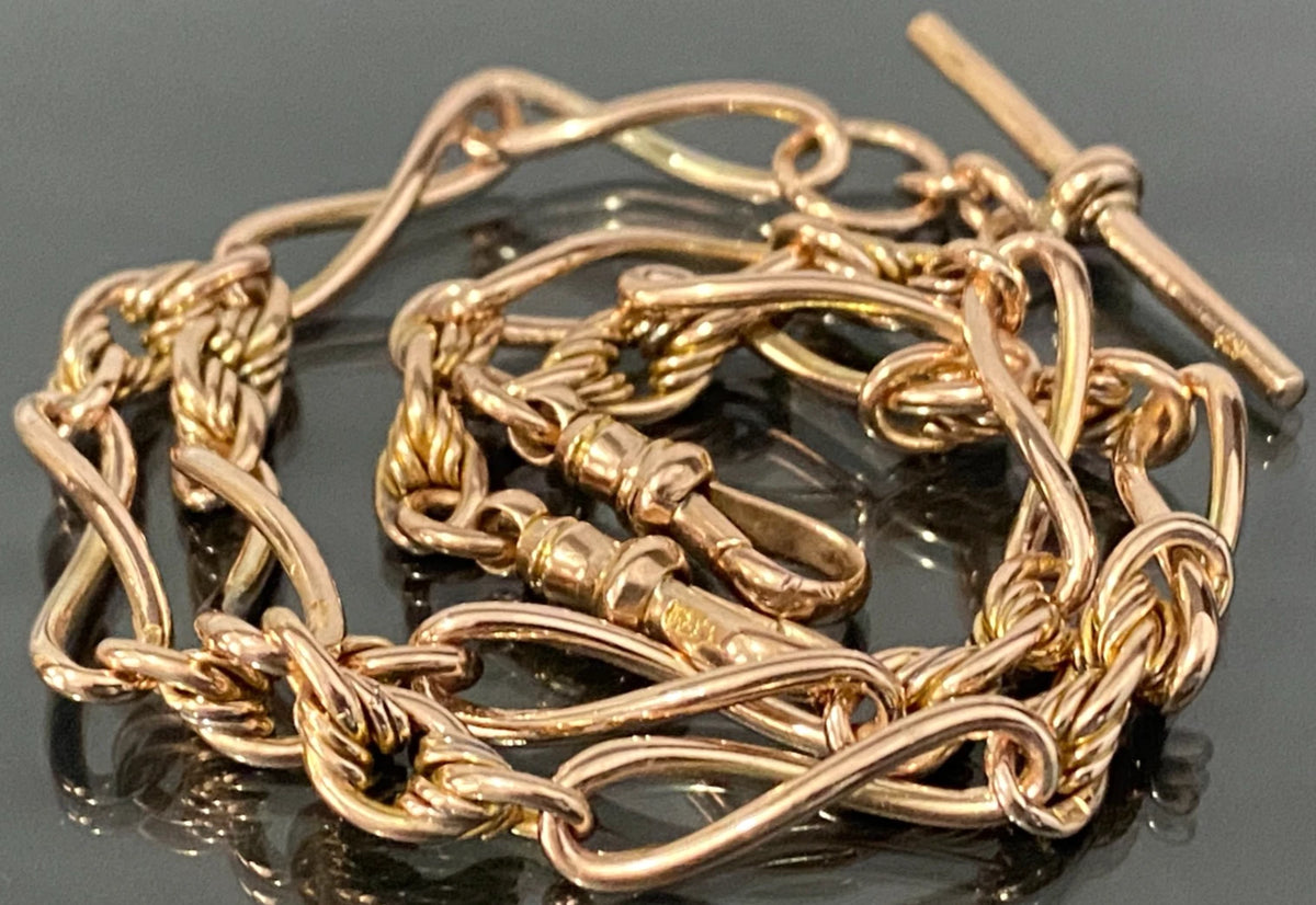 Victorian 9K Rose Gold Infinity & Knot Link Albert Chain With T-Bar