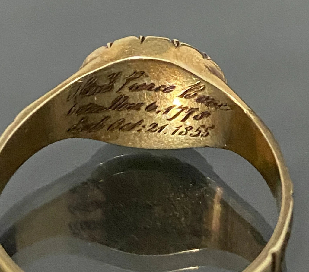 1850's 15K Yellow Gold Seed Pearl Memorial Engraved Ring Size R 1/2 - 9 1/8