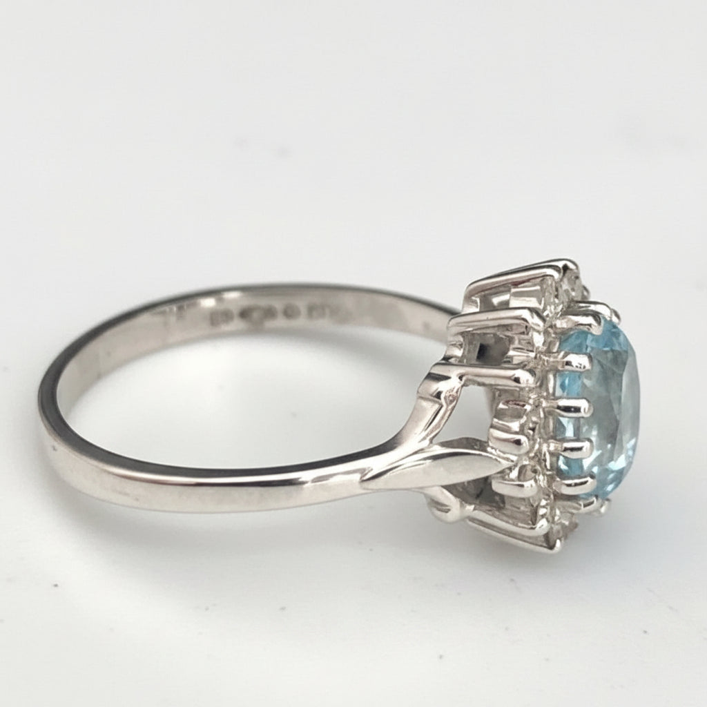 18K White Gold Aquamarine & Diamond Cluster Ring Size P 1/2 (US 8)