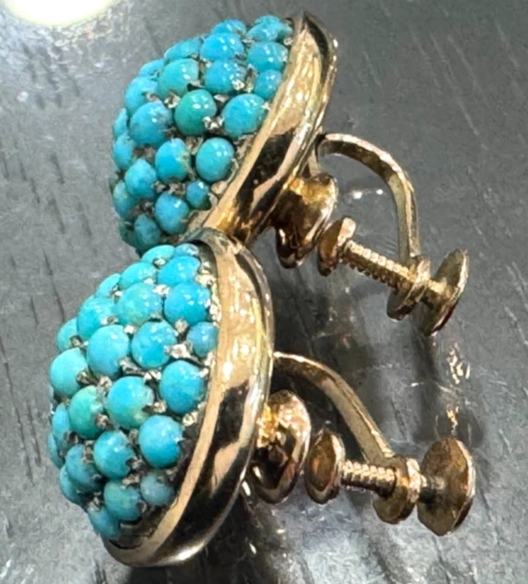 Art Nouveau 14K Yellow Gold & Turquoise Screw Back pavé Dome Earrings 16.0mm
