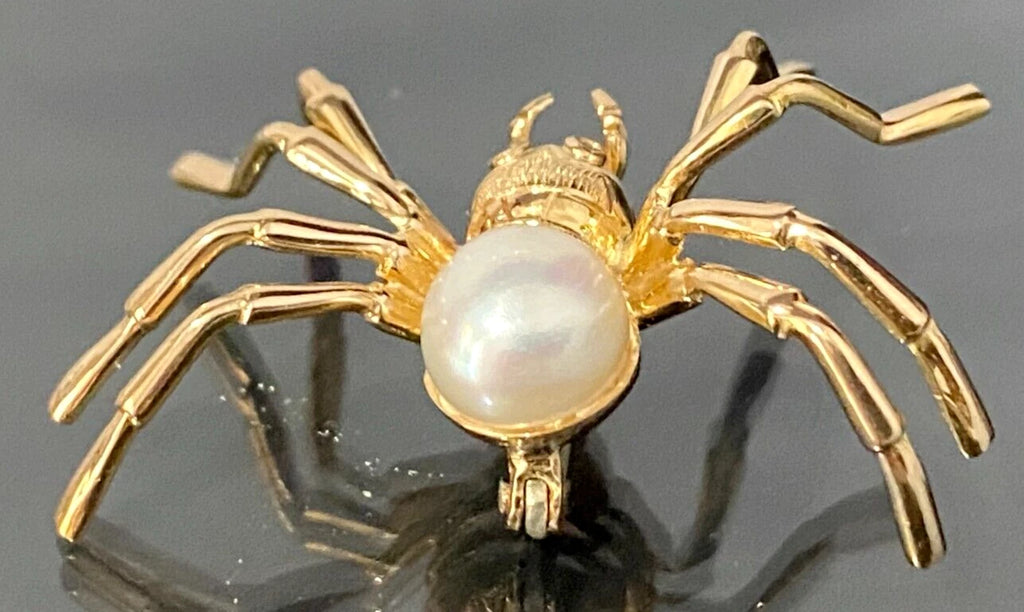 18ct Yellow Gold Spider Brooch with Pearl & Diamond Eyes