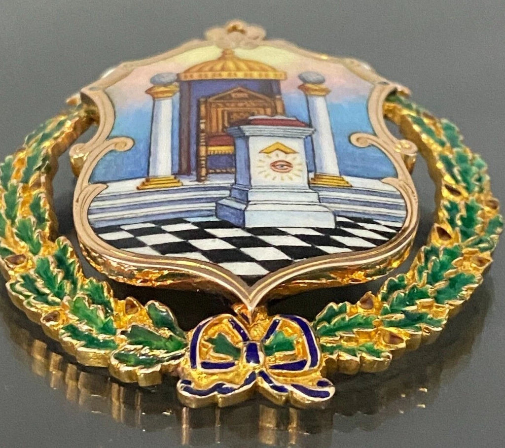 Rare Antique 9K Gold Hand Painted Shield Masonic Medallion Pendant C1925