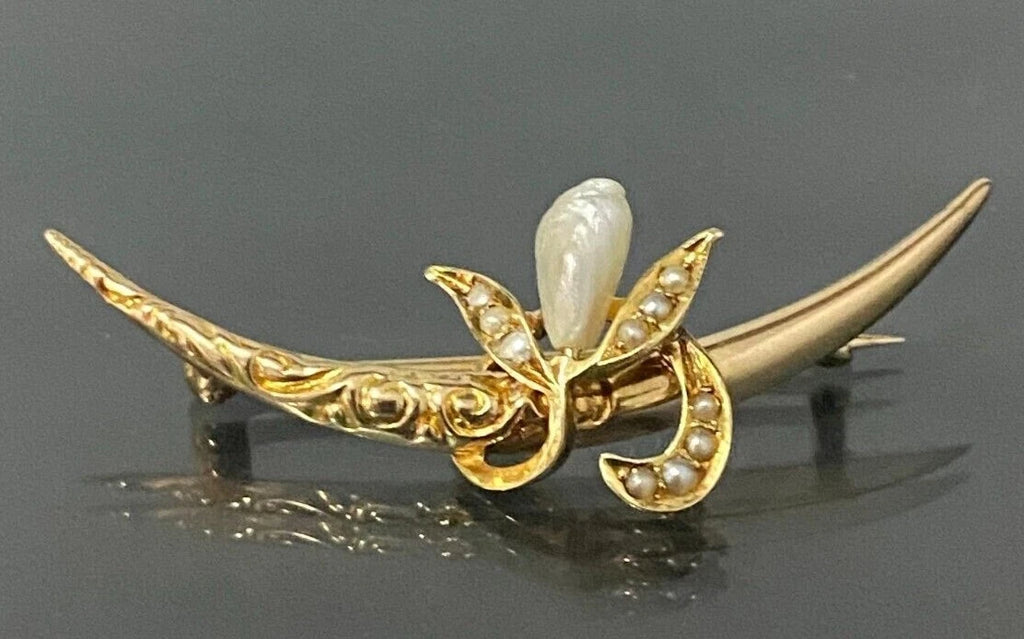 Antique 14K Yellow Gold & Pearl Flower Crescent Brooch Pin