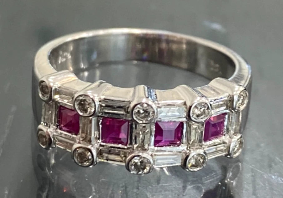 14K White Gold W/ Ruby & 0.60CT Diamond Ring Size N - 6 3/4