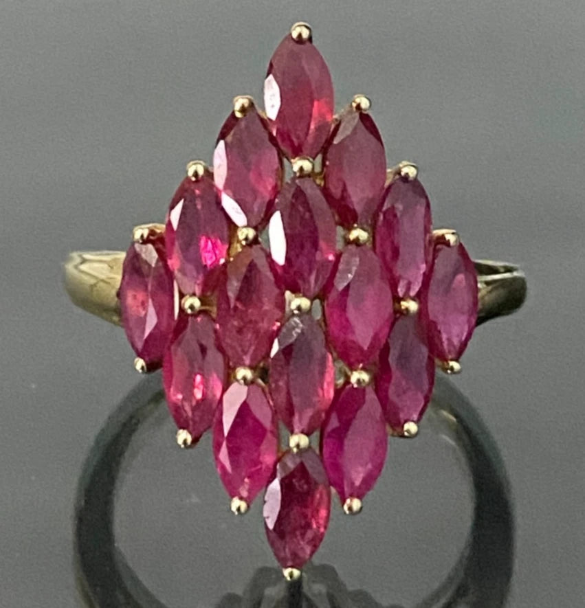 9K Yellow Gold & 2.20CT Marquise Ruby Cluster Ring Size R - 8 3/4