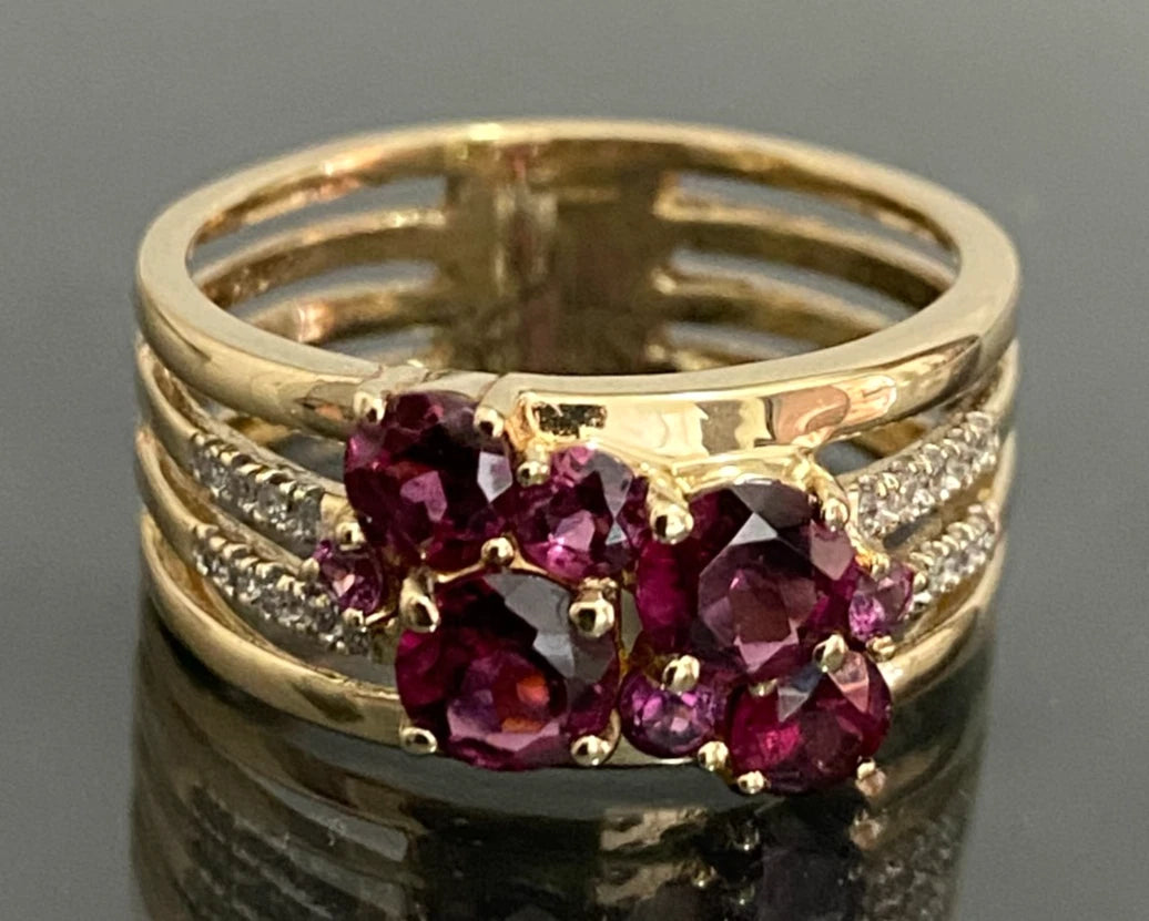 9K Yellow Gold Rhodolite & Diamond Multi-Row Split Shank Ring Size Q 1/2 (US 8.5