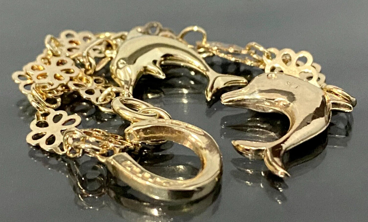 9K Yellow Gold Flower Link Horseshoe Dolphin Charm Bracelet 17.0cm Long