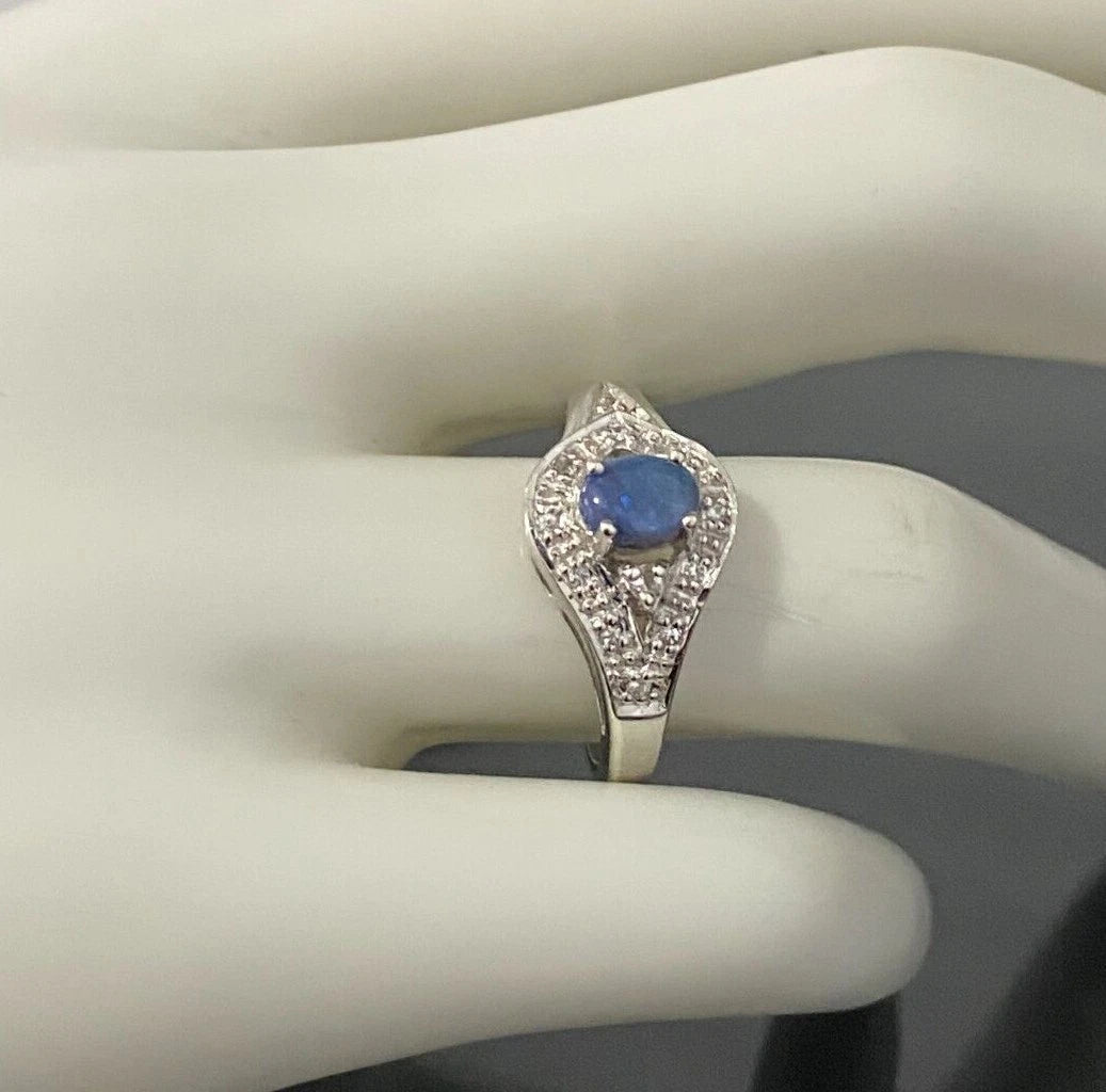 9K White Gold W/ Opal & White Zircon Ring Size N - 6 1/2