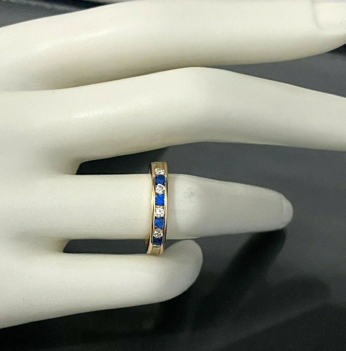 14K Yellow Gold W/ Blue & White CZ Channel Band Ring size M 1/2 - 6 1/4