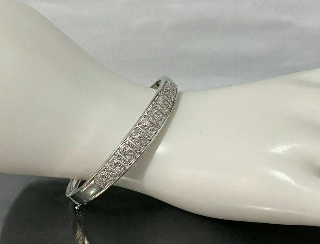 9K White Gold & 0.25CT Diamond Greek Key Hinged Bangle 60mm
