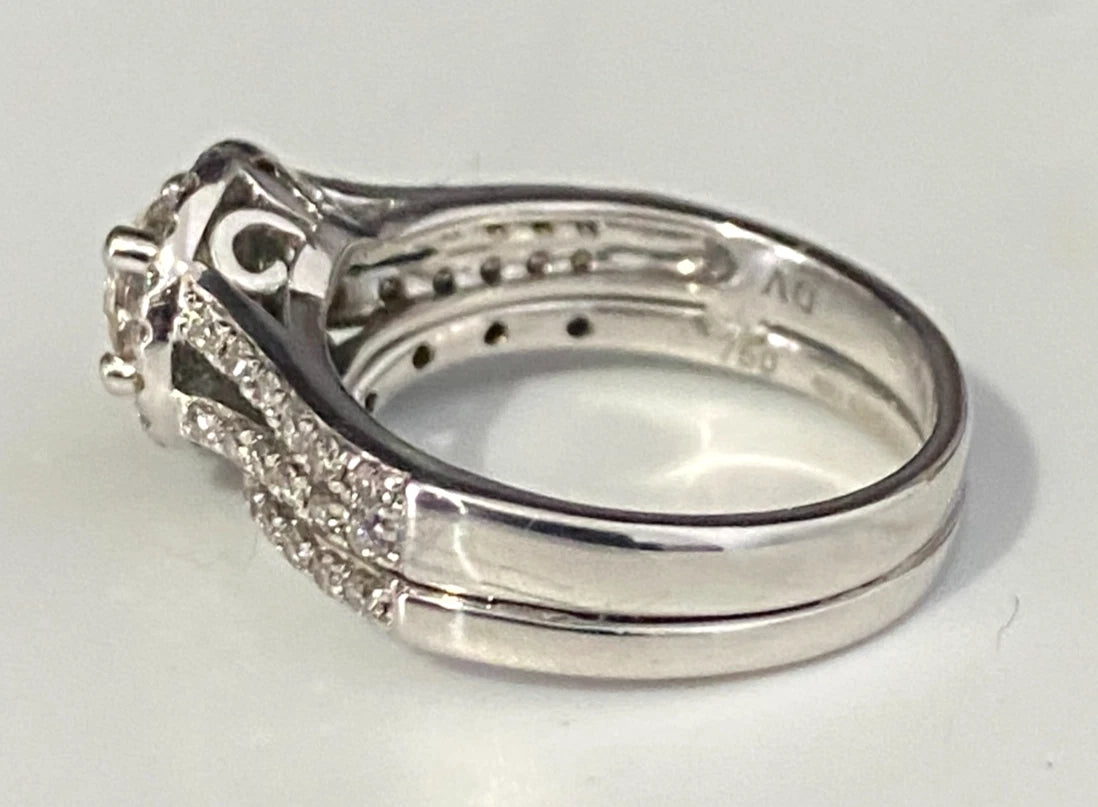 18K White Gold & 1.0CT Diamond Halo 2 Parts Bridal Set Ring Size K 1/2 - 5 1/2