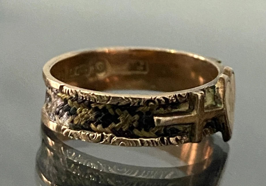 Victorian 9K gold Faith Hope & Charity Woven Hair 'JA' Initial Ring C1879