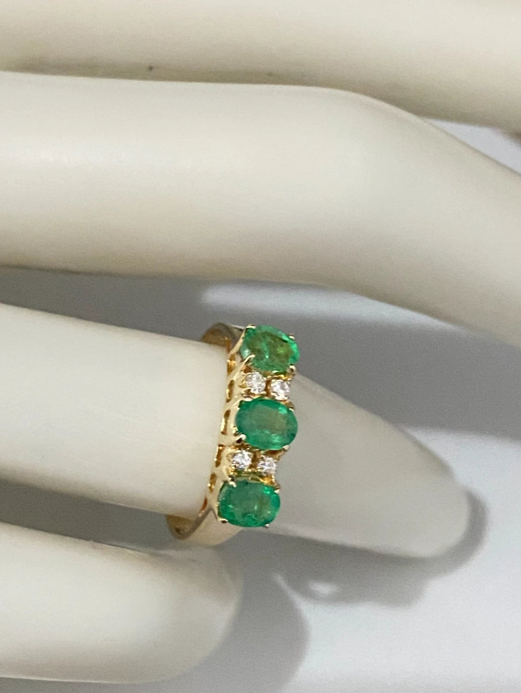 18K Yellow Gold W/ Emerald & CZ Three Stone Ring Size L - 5 1/2