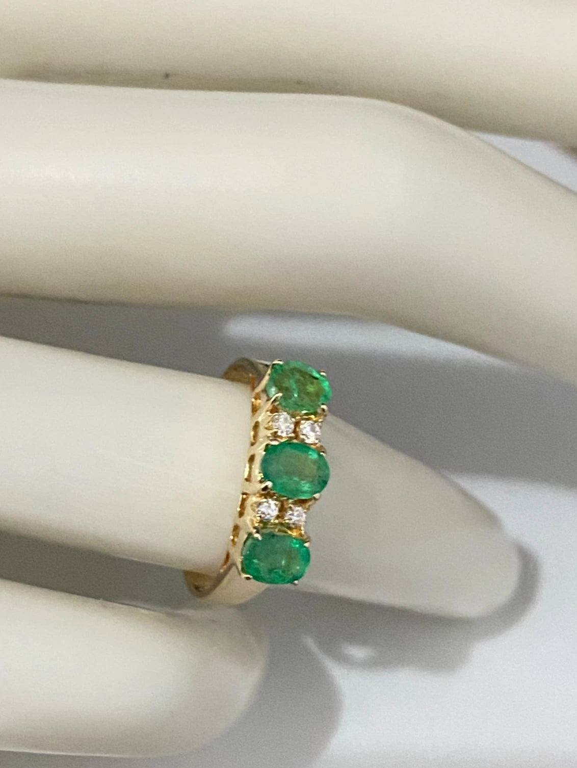 18K Yellow Gold W/ Emerald & CZ Three Stone Ring Size L - 5 1/2