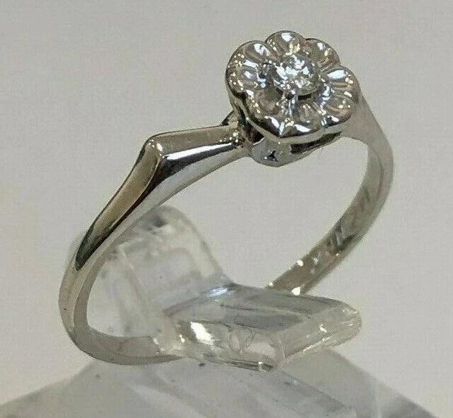 14K White Gold & Diamond Flower Head Solitaire Ring Size M 1/2 - 6 1/4