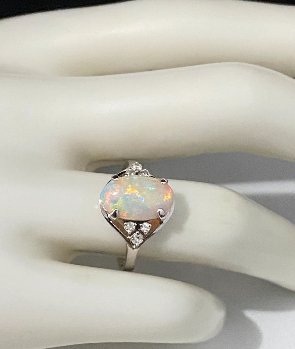 14K White Gold With Opal & Diamond Ring Size N - 6 3/4