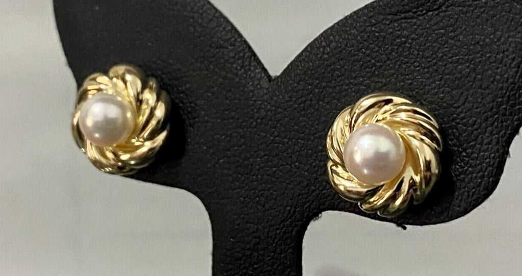 9K Yellow Gold & White Pearl Stud Earrings 12.85mm