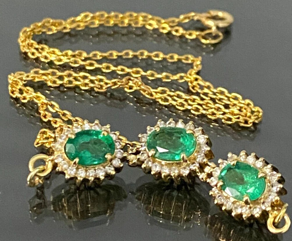 18K Yellow Gold 2.25CT Emerald & Diamond Three Cluster Necklace
