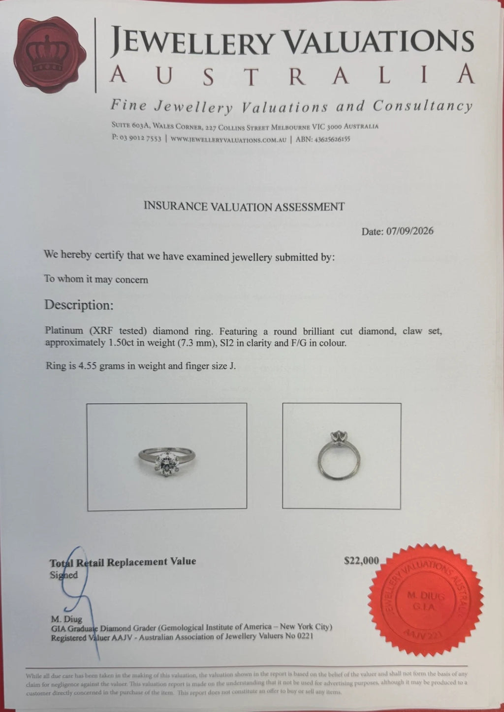 950 Platinum 1.50ct Round Brilliant Diamond Solitaire Engagement Ring – F/G SI