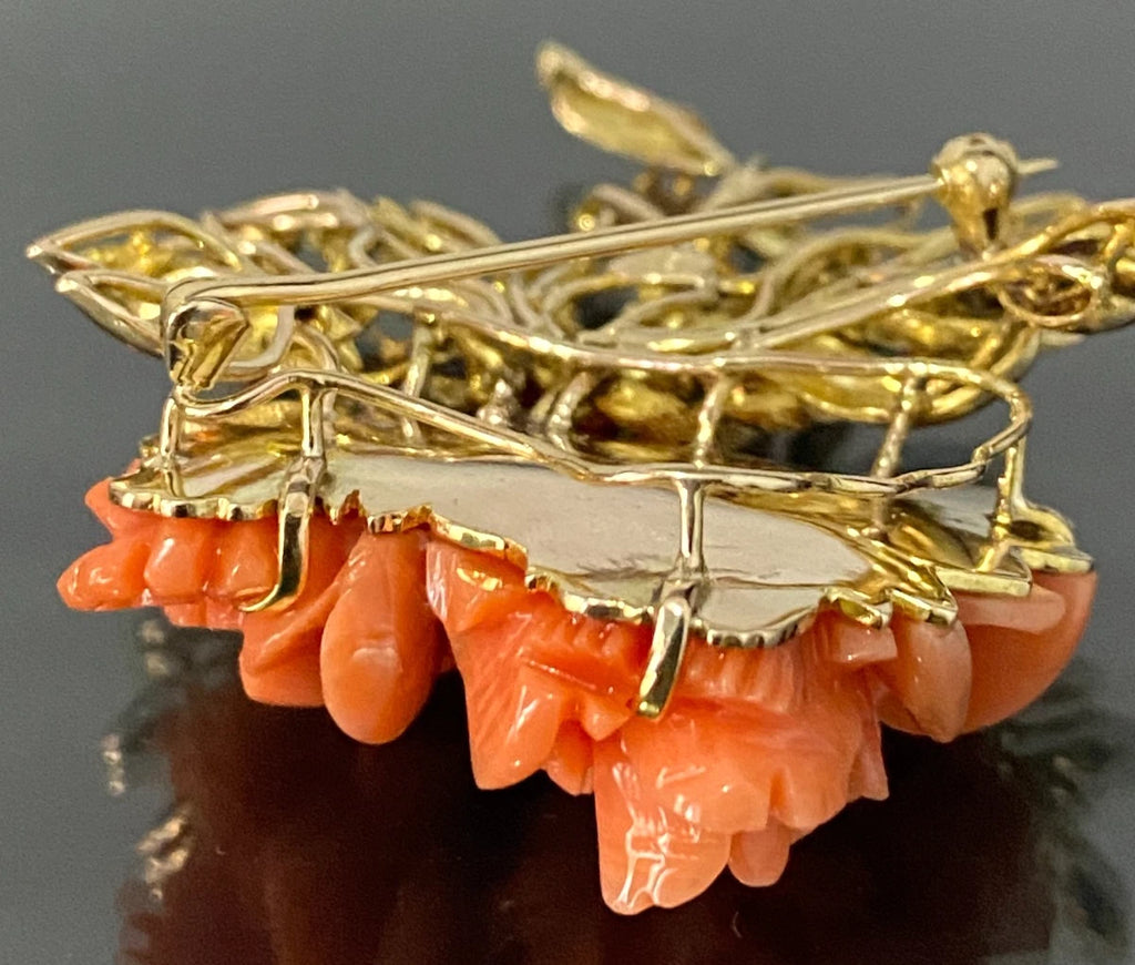 Art Deco 18K Yellow Gold & Carved Coral Brooch 57mm High