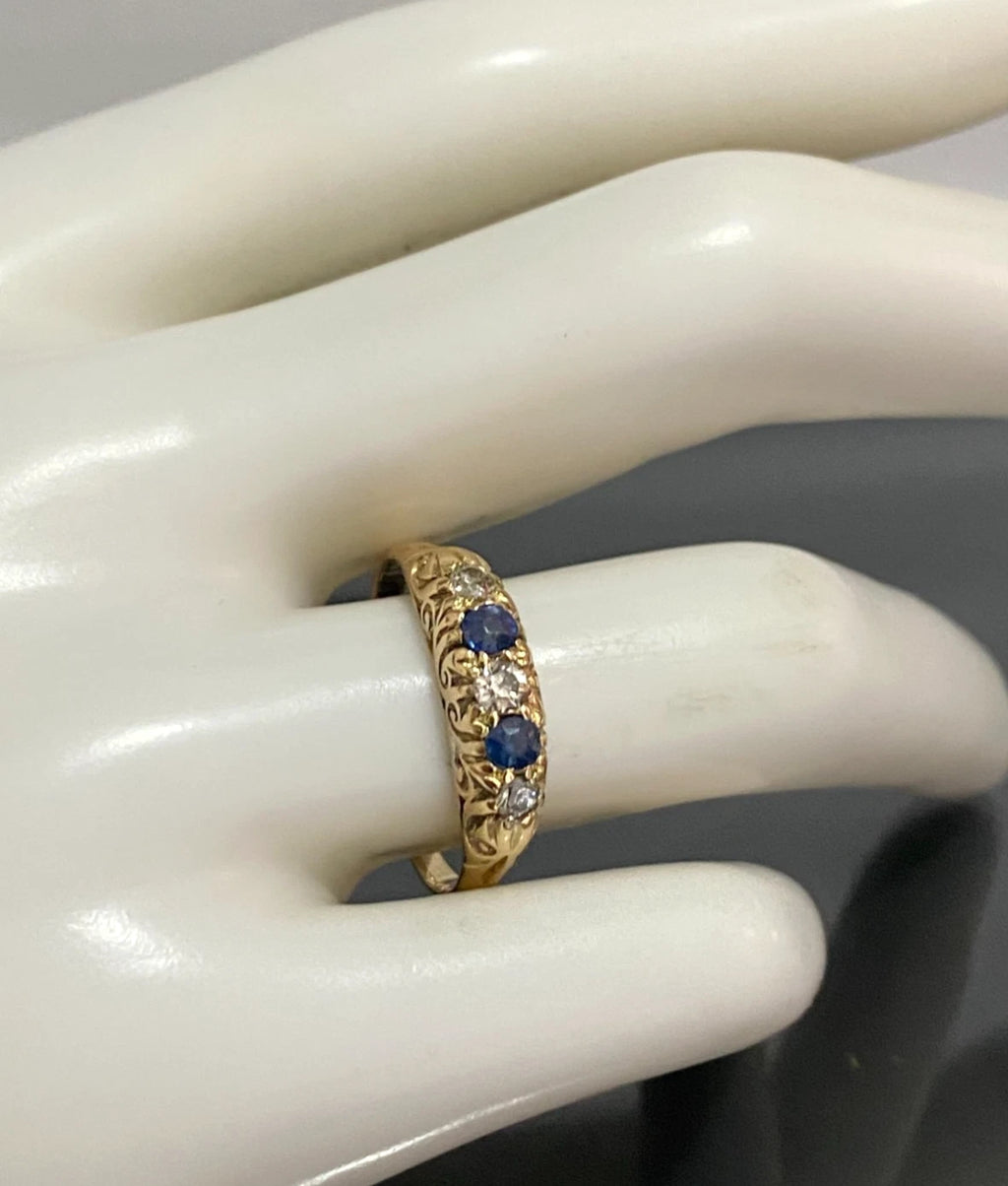 Antique 18K Yellow Gold W/ Sapphire & Diamond Ring C1915 Size Q 1/2 (US 8.5)