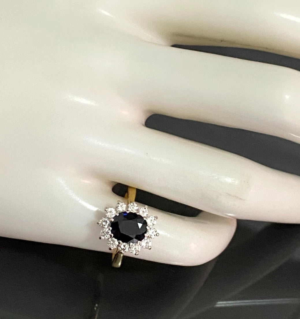18K Yellow Gold Sapphire & Diamond Cluster Ring - Size J (US 4.75)