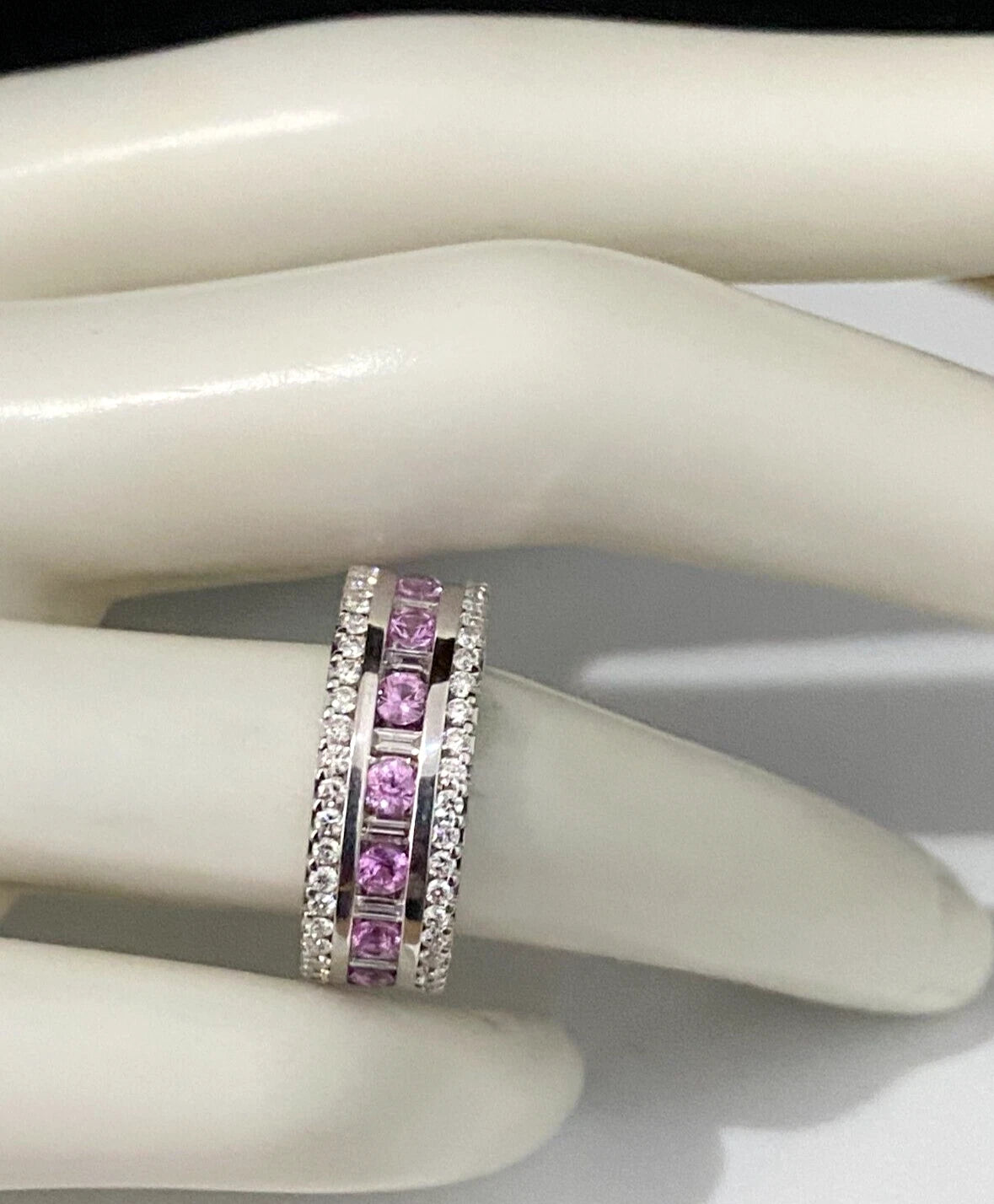 9K White Gold W/ Pink Sapphire & 0.60CT Diamond Ring Size M 1/2 - 6 1/4
