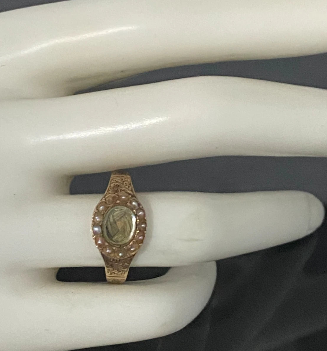 1850's 15K Yellow Gold Seed Pearl Memorial Engraved Ring Size R 1/2 - 9 1/8