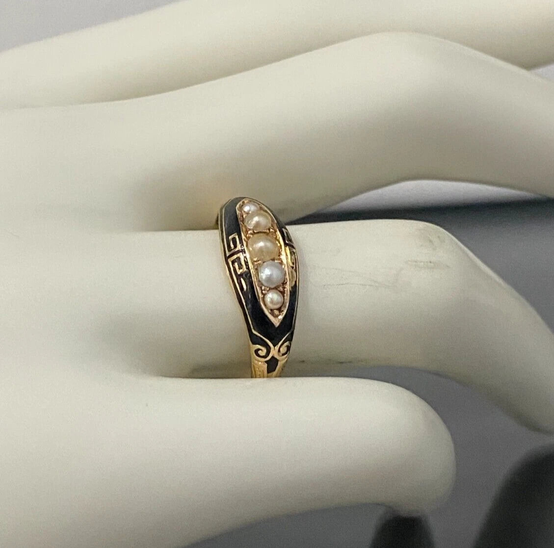 Victorian 15K Yellow Gold W/ Pearl Enamel Ring C1881 Size P 1/2 - 7 3/4