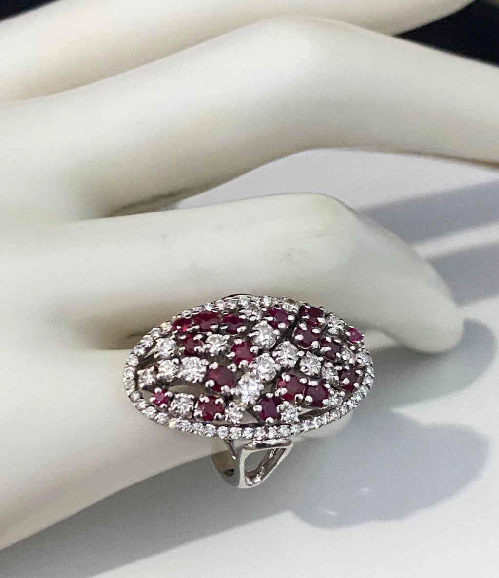 18K White Gold W/ Ruby & 1.0CT Diamond Cocktail Ring Size I - 4 1/2