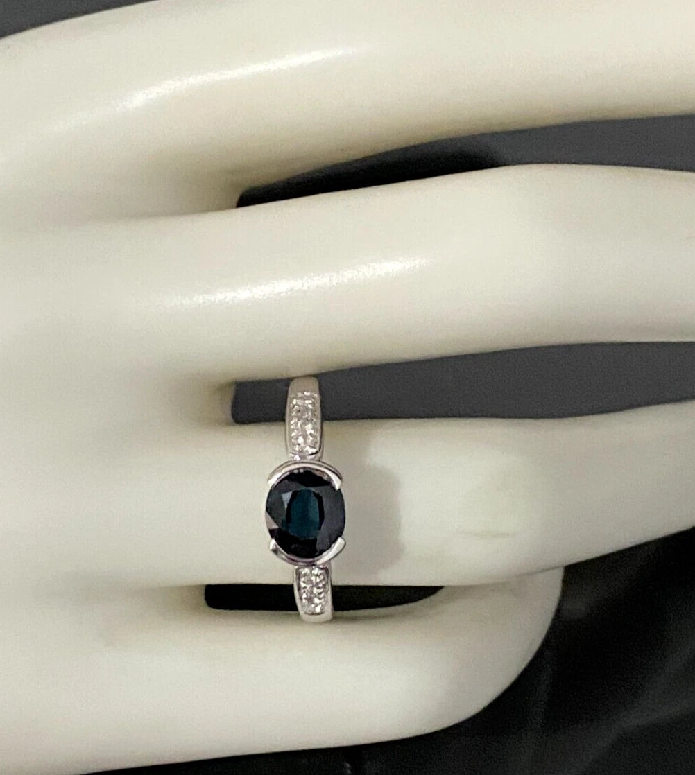 9K White Gold W/ Sapphire & White Zircon Ring Size P 1/2 - 7 3/4