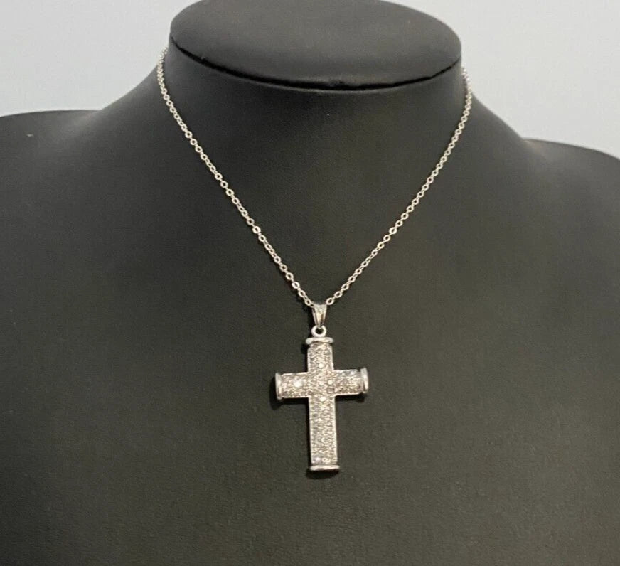 Large 9K White Gold W/ 1.00CT Diamond Cross Pendant