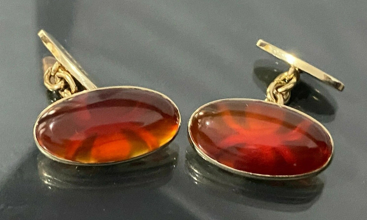 9K Yellow gold & Carnelian Cabochon Spider Shape Setting Cufflinks 11.24g