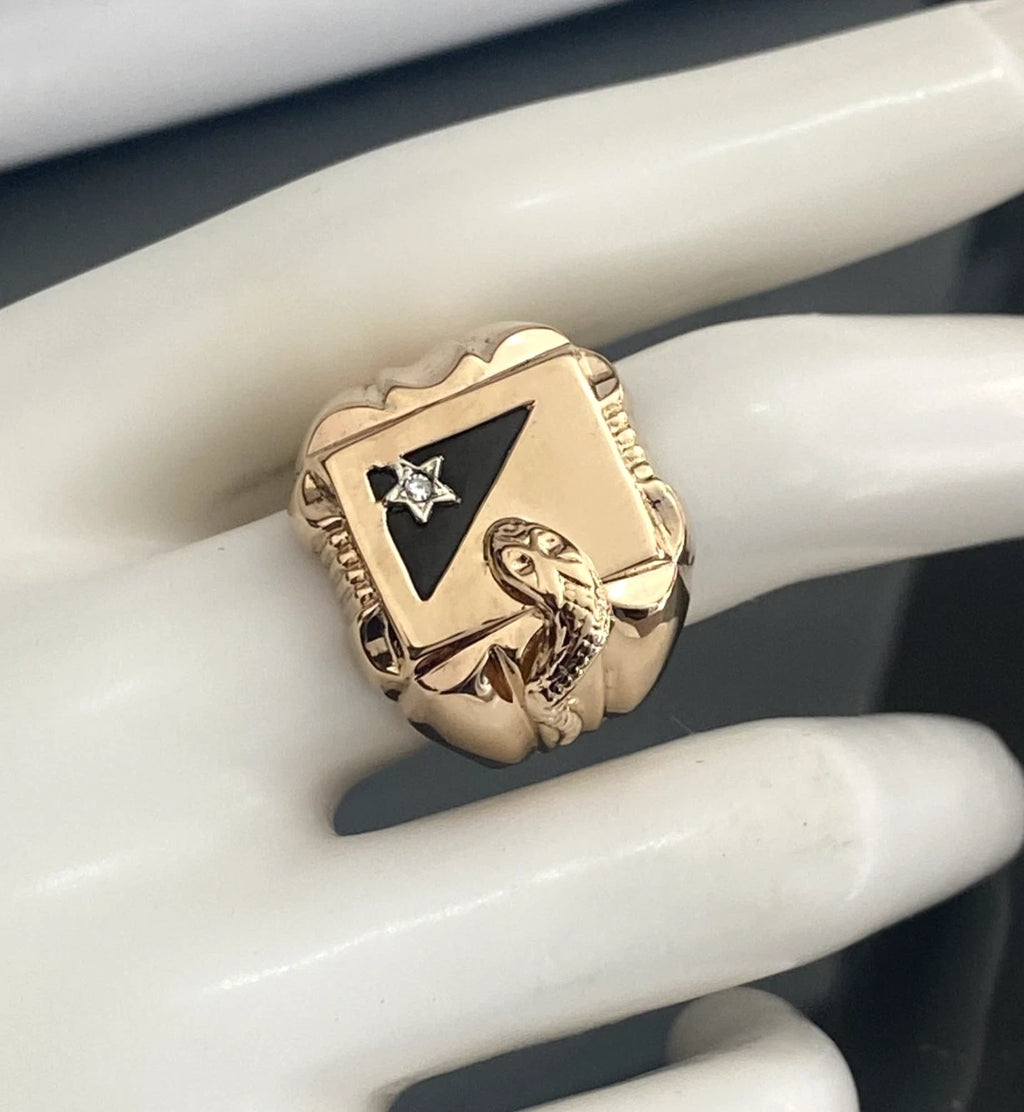 Vintage 18K Solid Yellow Gold Diamond & Black Onyx Serpent Men's Ring - Size R