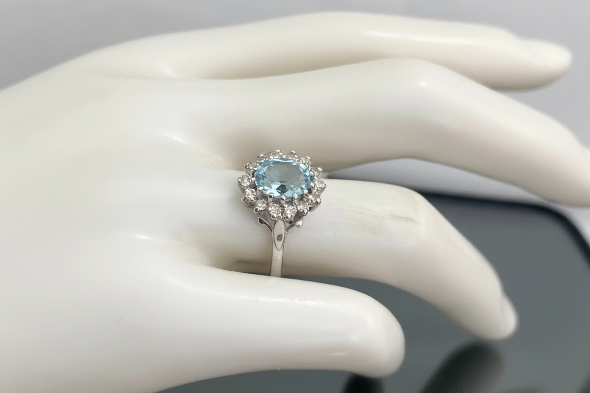 18K White Gold Aquamarine & Diamond Cluster Ring Size P 1/2 (US 8)