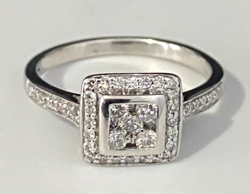 18K White Gold & 0.50CT Diamond Square Engagement Ring Size O - 7 1/4
