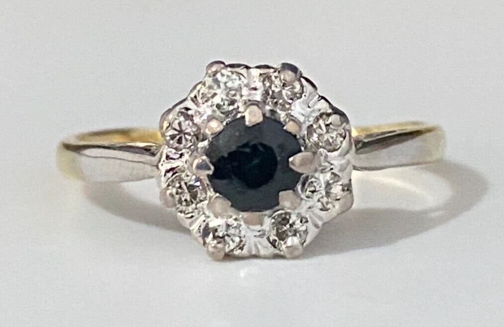 18K Yellow Gold W/ Sapphire & Diamond Cluster Ring Size M 1/2 - 6 1/4