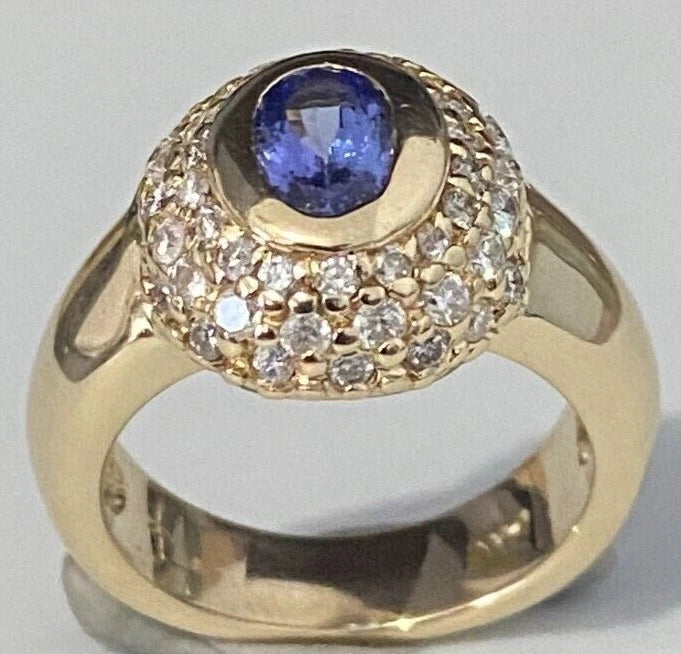 Heavy 14K Yellow Gold W/ Tanzanite & 0.60CT Diamond Ring Size K 1/2 - 5 3/8