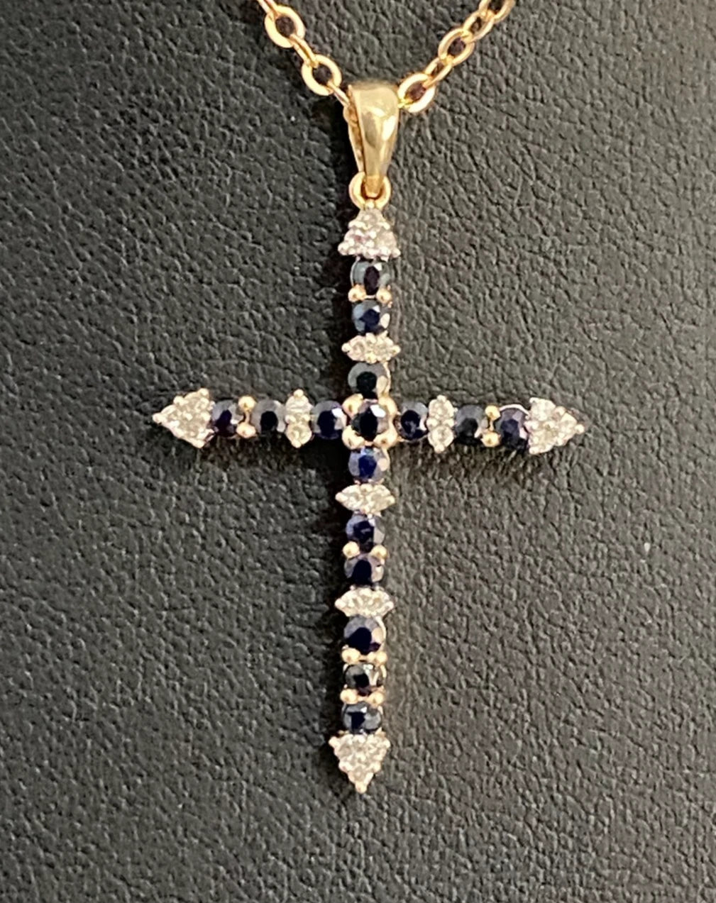 9K Yellow Gold W/ Sapphire & Diamond Cross Pendant 36mm High