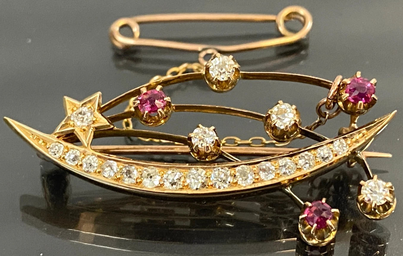Victorian 15K Yellow Gold Ruby Diamond Crescent Moon Star Comet Brooch 41mm