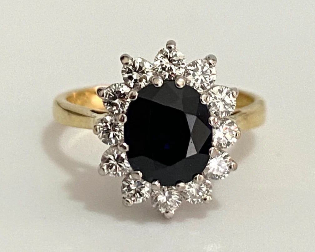 18K Yellow Gold Sapphire & Diamond Cluster Ring - Size J (US 4.75)