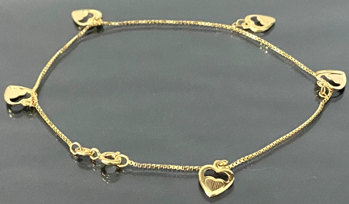 18K Yellow Gold Box Link With Heart Charms Anklet / Bracelet 24.0cm Long