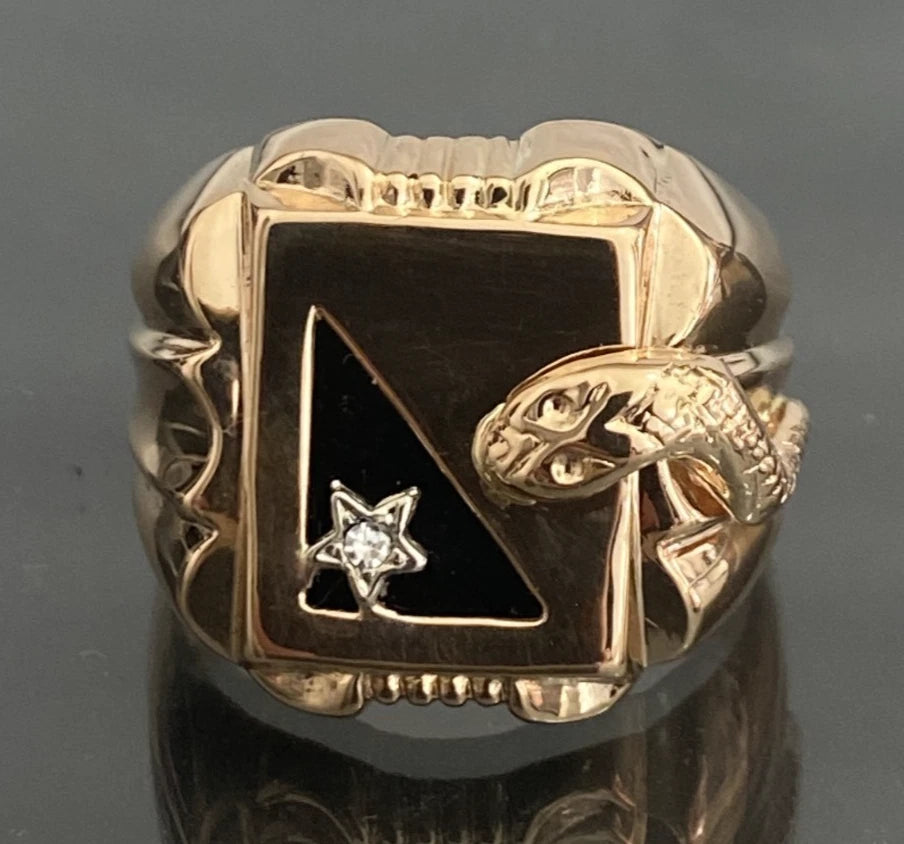 Vintage 18K Solid Yellow Gold Diamond & Black Onyx Serpent Men's Ring - Size R