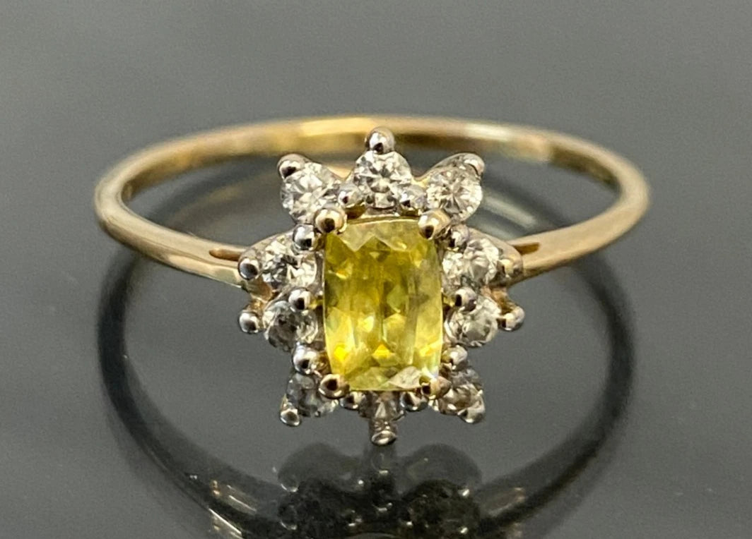 10ct Yellow Gold Sphene & Natural Zircon Cluster Ring Size S (US 9.15)