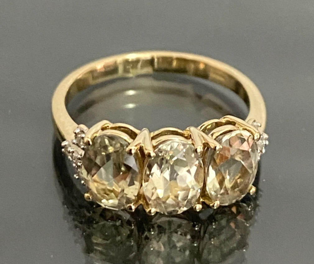 9ct Yellow Gold 2.57ct Csarite & Diamond Three Stone Ring - Size L (US 5.75)