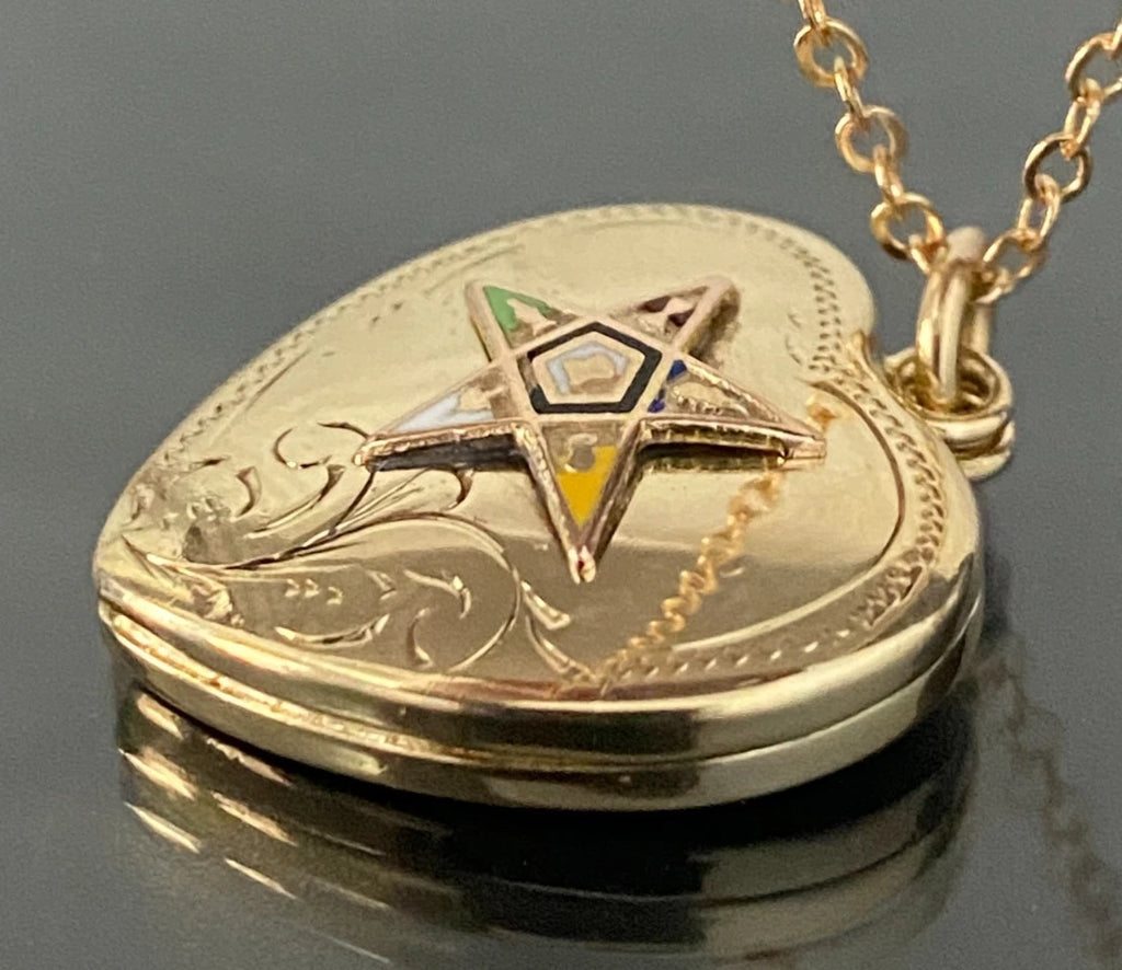 Antique 9K Yellow Gold Eastern Star Heart Locket Pendant