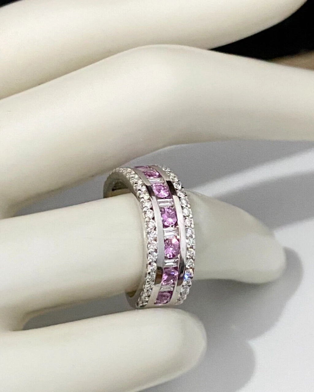 9K White Gold W/ Pink Sapphire & 0.60CT Diamond Ring Size M 1/2 - 6 1/4