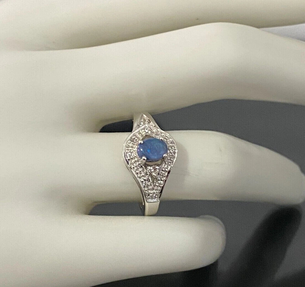 9K White Gold W/ Opal & White Zircon Ring Size N - 6 1/2