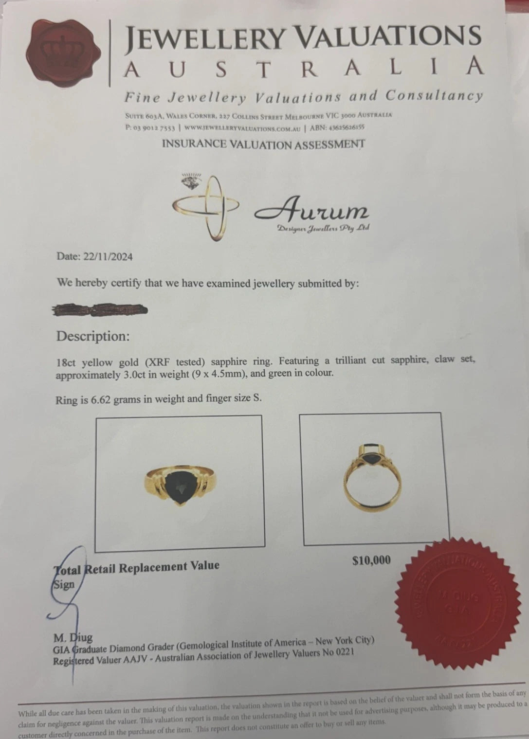 18K Yellow Gold 3.0CT Trillion Cut Green Sapphire Ring - Size S (US 9 ...